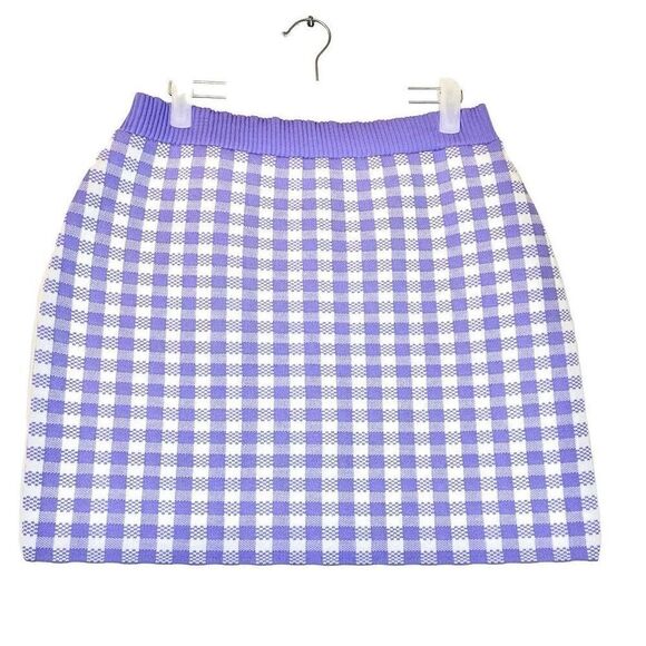 Primark Women's Check Gingham Knit Seamless Mini Skirt Purple White Large NWT - Picture 1 of 6